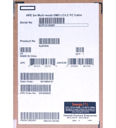 491026-001 HPE Patch Cord Fibra Ótica Multimodo LC/LC 5M 10Gbps Em Estoque
