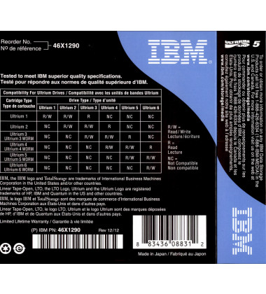 46X1290 Fita de dados IBM Ultrium LTO-5 1.5/3TB em estoque