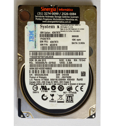 43W7670 HD IBM 300GB SATA 3 Gbps 10K RPM SFF 2,5" para Servidor pronta entrega