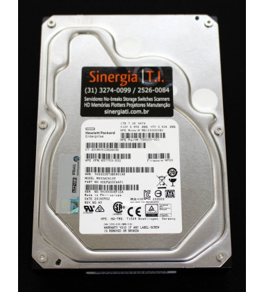 HDD (disco rígido) para Servidor da marca HP Enterprise PN: 801822-B21 659569-001 739333-001 Model Number MB1000GDUNU foto close etiqueta
