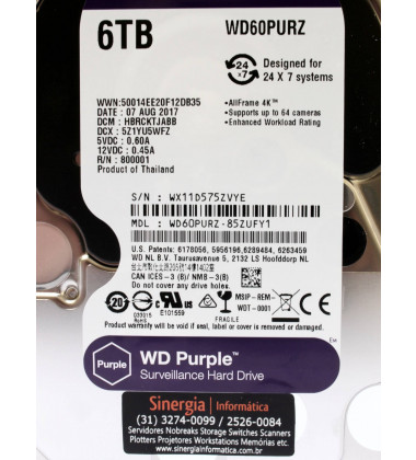 WD60PURZ HD Western Digital 6TB SATA-3 6 Gbs 5.4K RPM LFF 3,5" Purple para DVR / Vigilância 64MB cache 24X7 pronta entrega