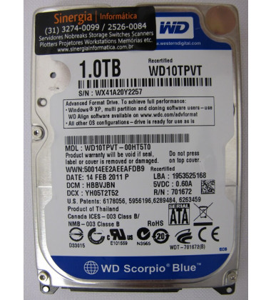 WD10TPVT HD de 1TB SATA-2 para notebook marca Western Digital (WD) pronta entrega