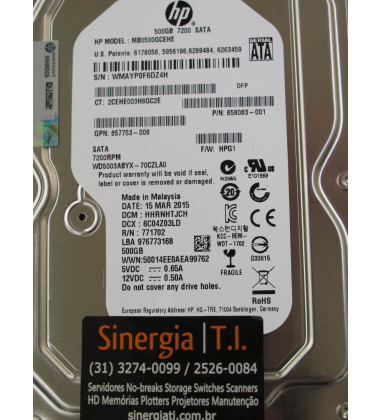 658083-001 HD HP 500GB SATA 6Gb/s Enterprise 7.2K LFF (3.5in) Hot-Plug foto etiqueta close