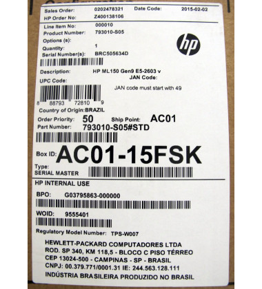  793010-S05 HPE Servidor ProLiant ML150 Gen9 E5-2603v3 foto etiqueta caixa