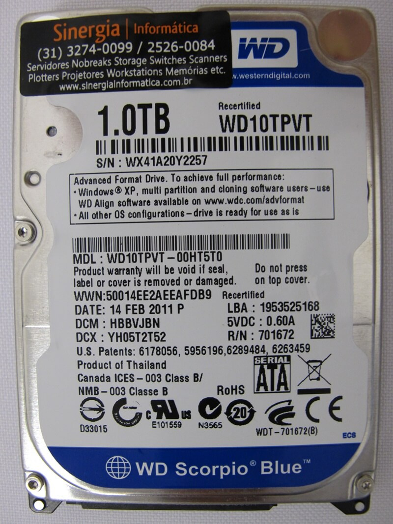 HD de 1TB SATA-2 para notebook marca Western Digital (WD) modelo WD10TPVT etiqueta