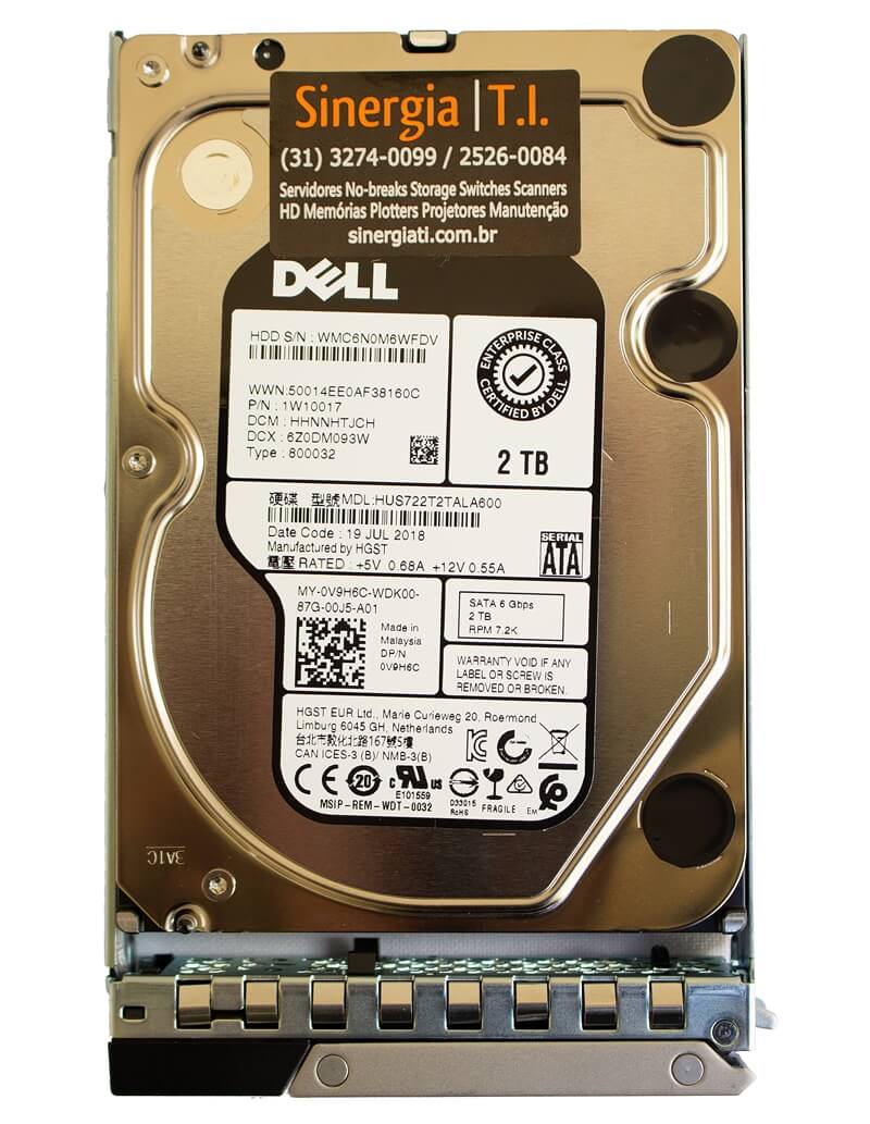 0V9H6C HD Dell 2TB SATA 6 Gbps 7.2K RPM LFF 3,5" 512N hot-swap para Servidores Dell PowerEdge pronta entrega