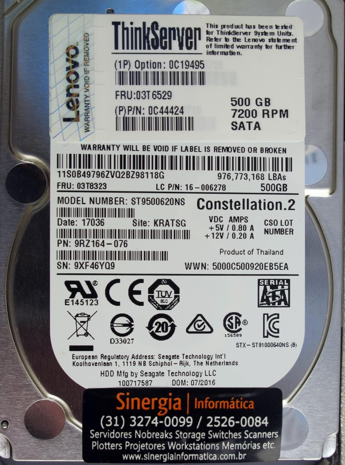  0C19495 HD Lenovo 500GB SATA 6 Gbps 7.2K RPM SFF 2.5" ThinkServer Hot Swap Hard Drive Option: RD640 RD540 RD440 RD340 TD340 TS440 pronta entrega