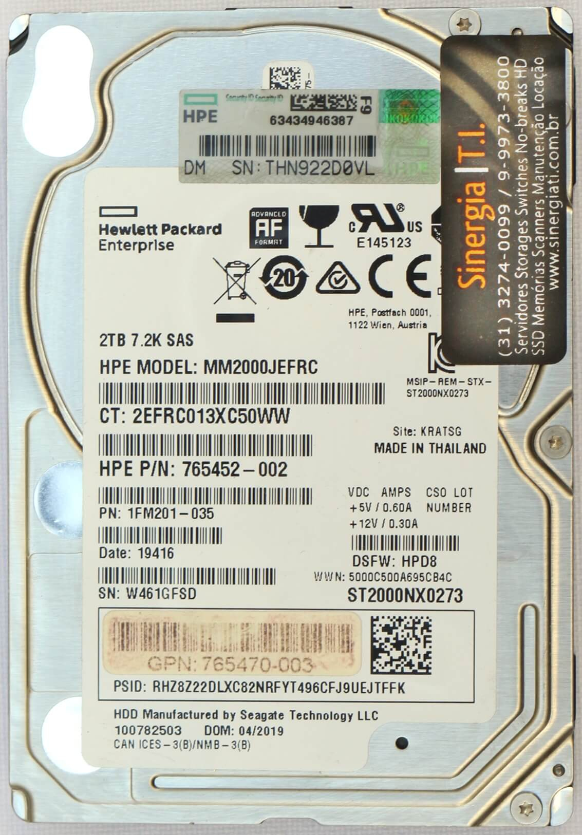 765452-002 HD HPE 2TB SAS 12 Gbps 7.2K RPM SFF 2.5" P/N: em estoque