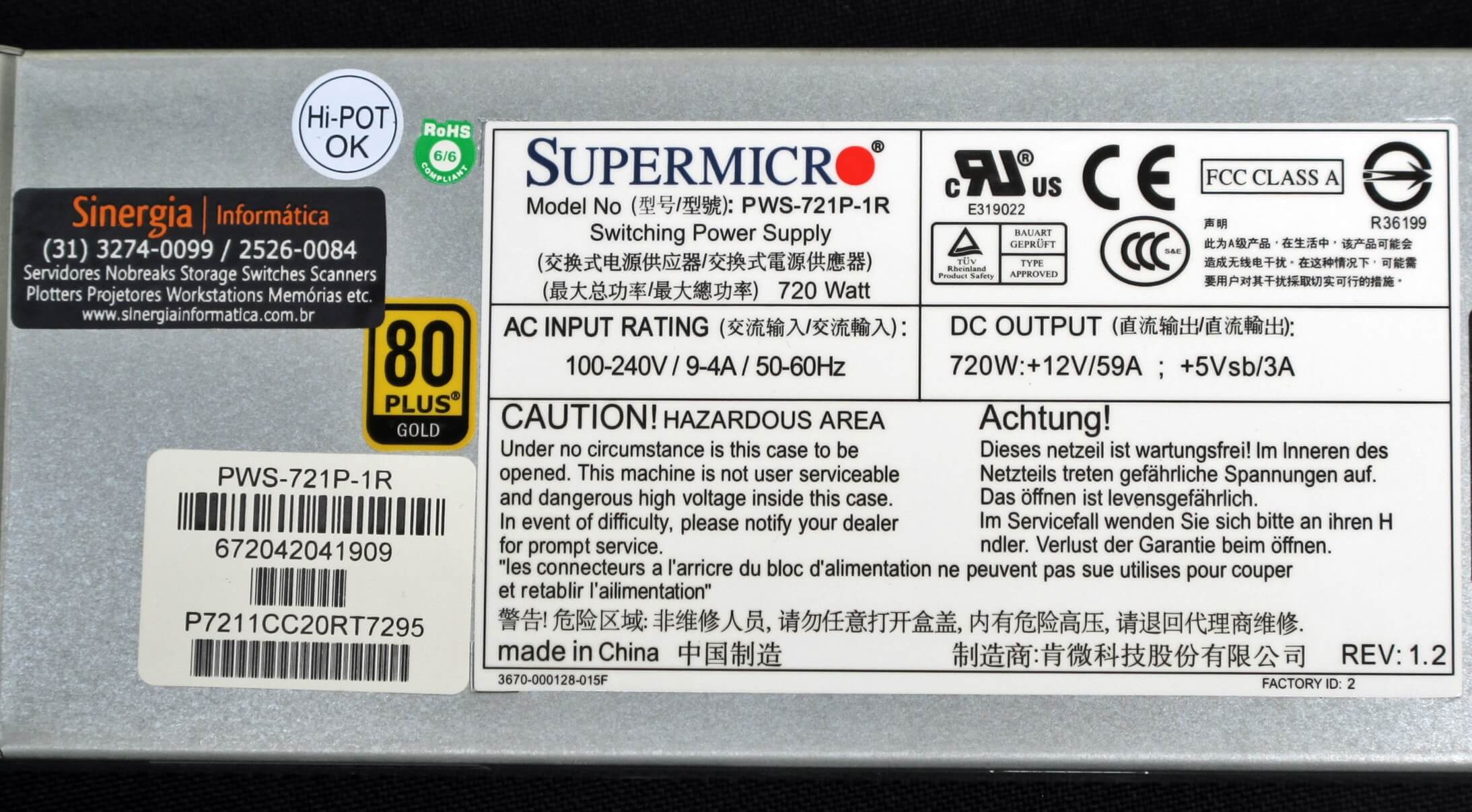 PWS-721P-1R Fonte Redundante Supermicro 720W 1U pronta entrega em estoque