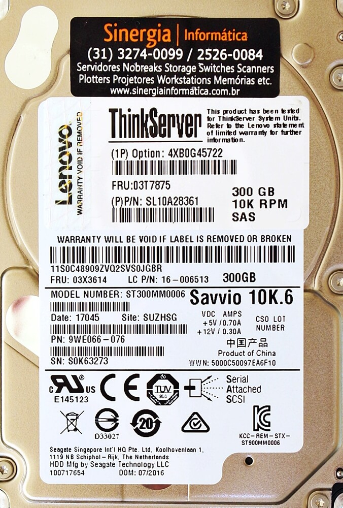 4XB0G45722 HD Lenovo 300GB SAS 6 Gbps 10K RPM SFF 2.5" ThinkServer Hot Swap Servidor TD350 RD550 RD650 RD350 RD450 pronta entrega