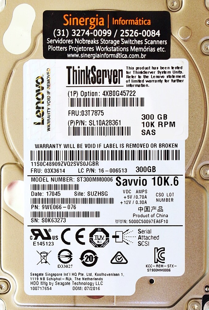 Savvio 10K.6 HD Lenovo 300GB SAS 6 Gbps 10K RPM SFF 2.5" ThinkServer Hot Swap Hard Drive pronta entrega