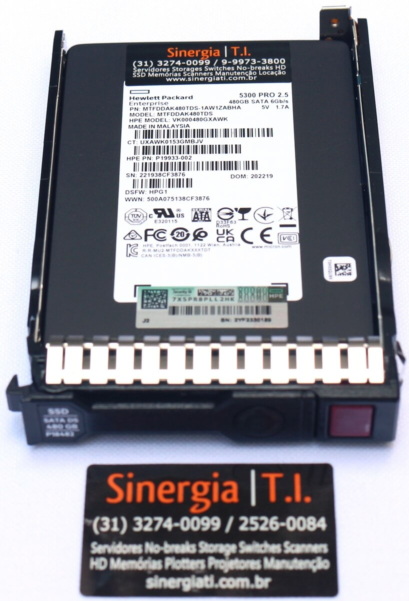 P19933-002 SSD HPE 480GB SATA 6 Gbps SFF 2,5" RI SC para Servidor ProLiant pronta entrega em estoque