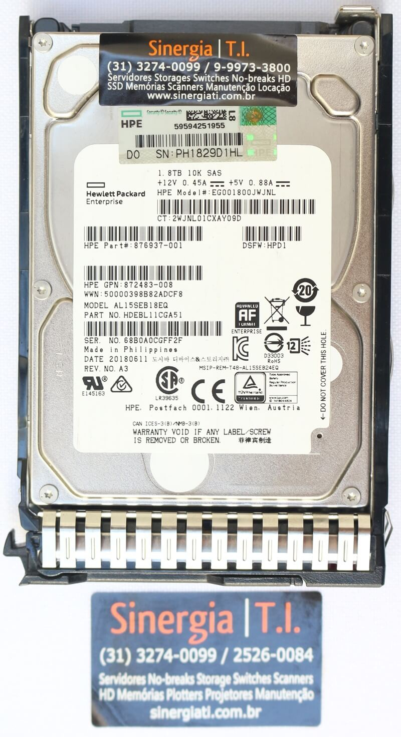 EG001800JWJNL HD HPE 1.8 TB SAS 10K DS para Servidor ProLiant Gen10 Model#: Pronta entrega em estoque envio imediato