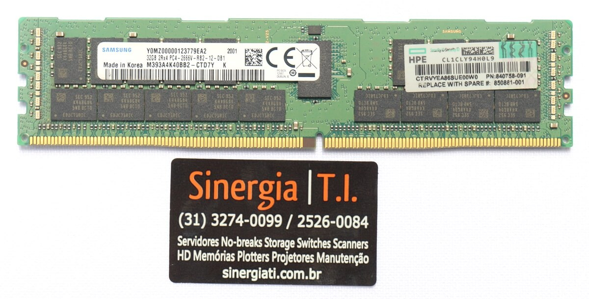 840758-091 Memória RAM para Servidor HPE 32GB DDR4-2666MHz ECC Registrada Dual Rank x4 ML110 ML350 BL460C DL360 DL380 DL560 DL580 Gen10