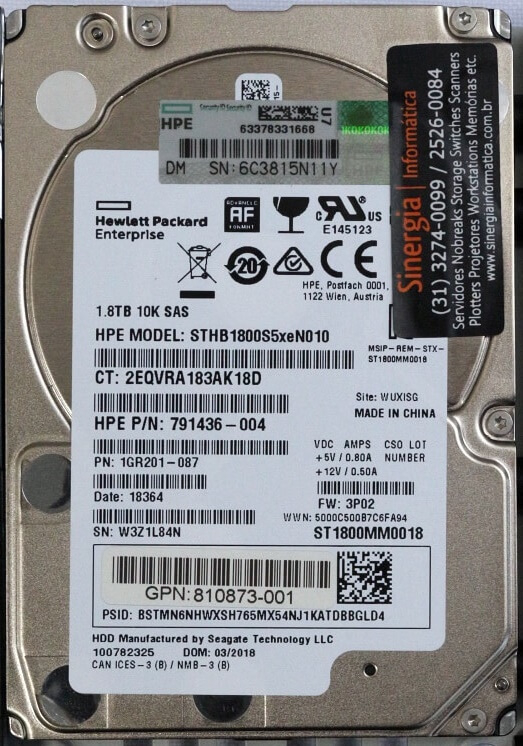 810760-001 HD HPE 1.8TB SAS 6 Gbps 10K RPM SFF 2,5" Hard drive Transfer Rate 8000 Storage Systems envio imediato