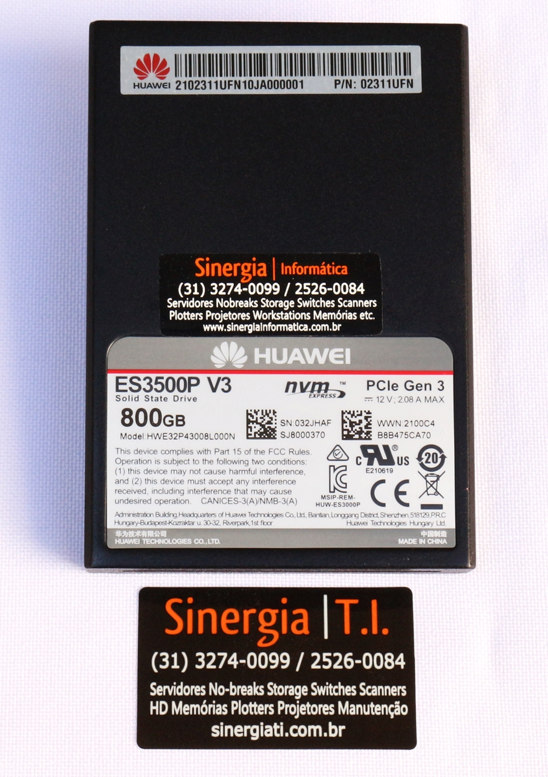 HWE32P43008L000N SSD Huawei 800GB PCIe Gen3 NVMe 2,5" in 3,5" drive tray pronta entrega