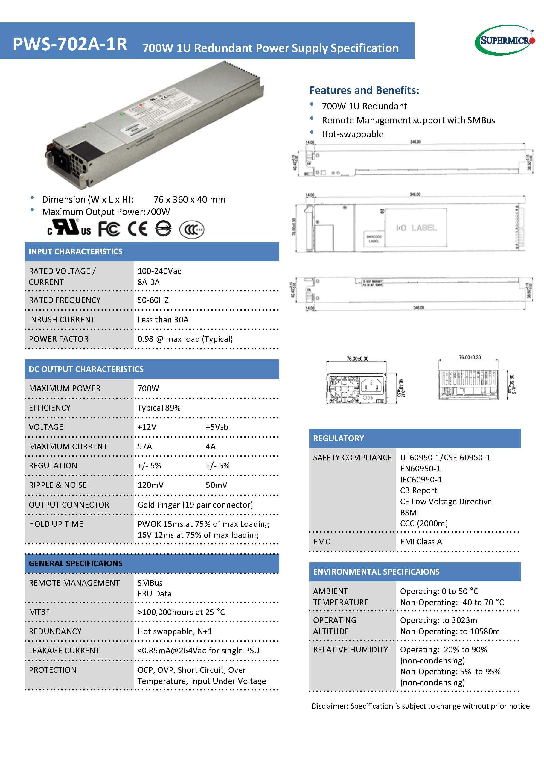 PWS-702A-1R Fonte Supermicro Data Sheet