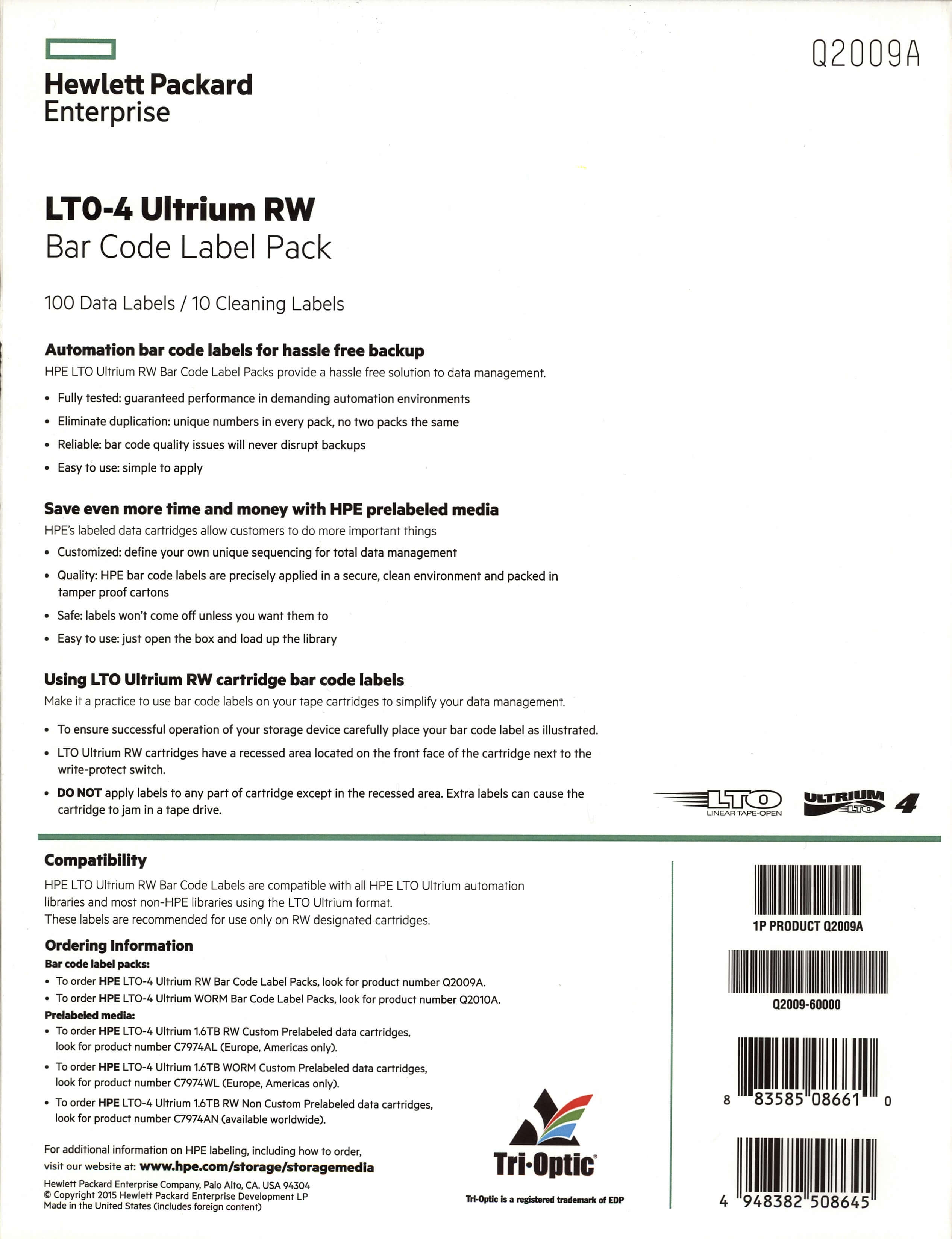 Q2009A Kit de Etiquetas de Código de Barras HP para Fitas LTO-4 Ultrium envio imediato