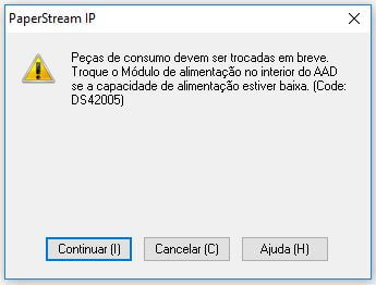 Peças de consumo devem ser trocadas em breve. Troque o Módulo de alimentação no interior do AAD  se a capacidade de alimentação estiver baixa. (Code: DS42005)