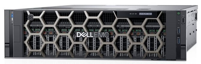 Servidor Dell EMC R940 PowerEdge Xeon foto frontal com bezel e com 24 discos de 2,5 polegadas (SFF)