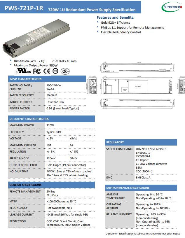 PWS-721P-1R Fonte Redundante Supermicro 720W 1U pronta entrega em estoque envio imediato